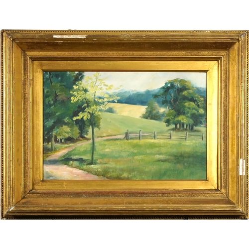 1482 - Path before a landscape, Impressionist oil on canvas board, mounted and framed, 45cm x 29.5 excludin... 