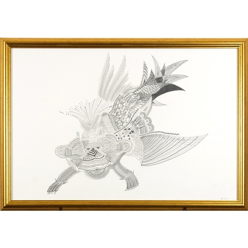 1426 - Abstract composition, surreal animal, pencil on paper, indistinctly signed and dated 2015, framed an... 