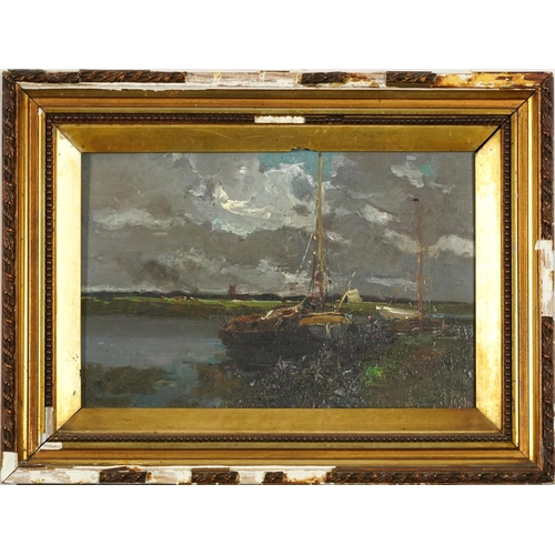 1427 - Moored boats before a landscape, 19th century oil on wood panel, mounted and framed, 22cm x 14.5cm e... 