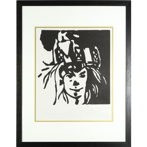 1295 - Philip Sutton - The Artist's Wife Wearing a Fijian headdress, pencil signed woodcut print inscribed ... 