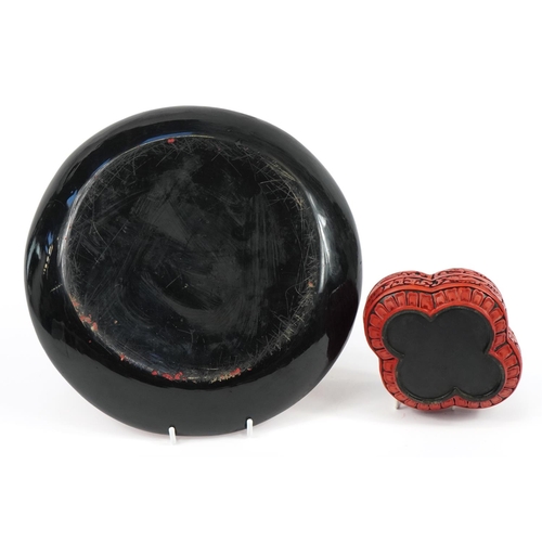 1145 - Chinese cinnabar lacquer plate and box with cover carved with flowers, the largest 30cm in diameter