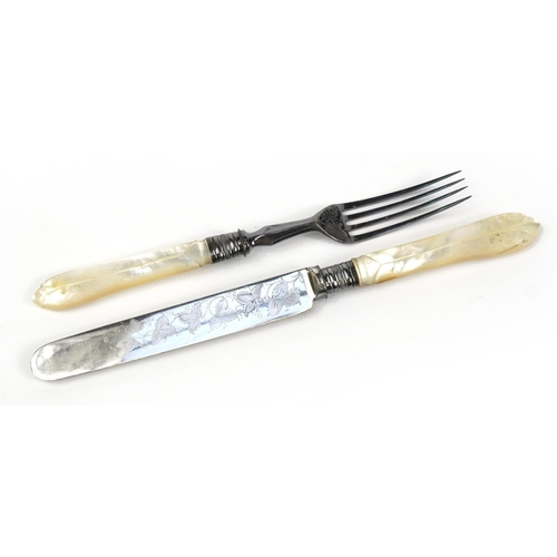 2786 - Set of six silver plated fish knives and forks with mother of pearl handles housed in a fitted mahog... 