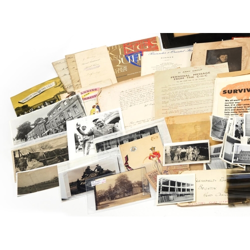 587 - Antique and later ephemera including silk postcards, black and white photograph of a workhorse and p... 