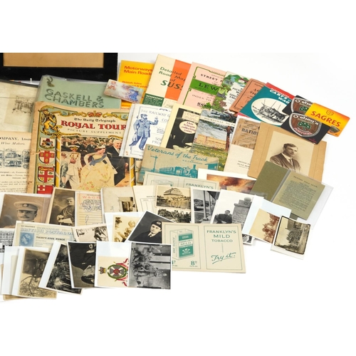 587 - Antique and later ephemera including silk postcards, black and white photograph of a workhorse and p... 