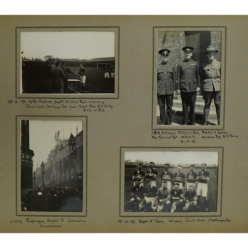 580 - Black and white photographs arranged in an album, some military interest including 1937 Coronation P... 