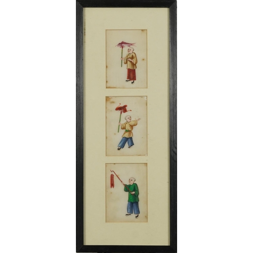 1466 - Children playing, set of six Chinese pith paper paintings, mounted, framed and glazed as two, each p... 