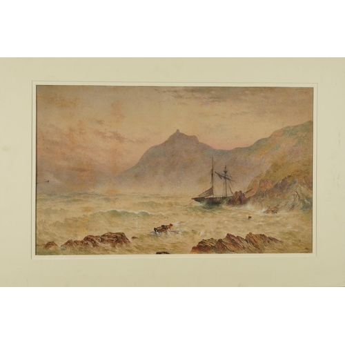 1314 - Harry J Williams 1874 - Rocky coastal scene with shipwreck, 19th century English heightened watercol... 