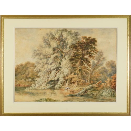 1323 - Figure beside a river, 19th century English school watercolour, mounted and framed, 74cm x 54cm excl... 