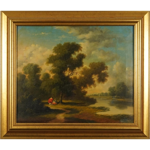 1300 - Attributed to Charles Morris - Two females on a riverbank, 19th century oil on canvas, indistinctly ... 