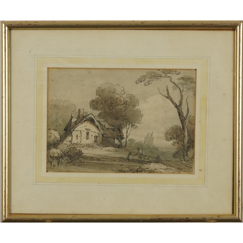 1375 - Landscape with thatched cottage and figure, Old Master style ink and wash, mounted, framed and glaze... 