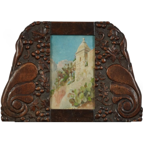 1354 - Continental villa, oil, glazed, housed in an Art Deco carved wood easel frame, 19cm x 11cm excluding... 