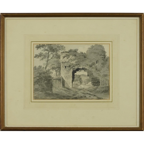 1363 - Manner of Thomas Sandby Munn - The Strand Gate, Winchelsea, 19th century monochrome watercolour, ins... 