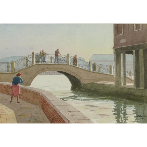 1694 - A B Blackshaw - Figures crossing a bridge before water and beach scene, two watercolours, each mount... 