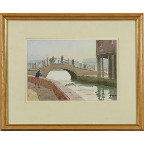 1694 - A B Blackshaw - Figures crossing a bridge before water and beach scene, two watercolours, each mount... 