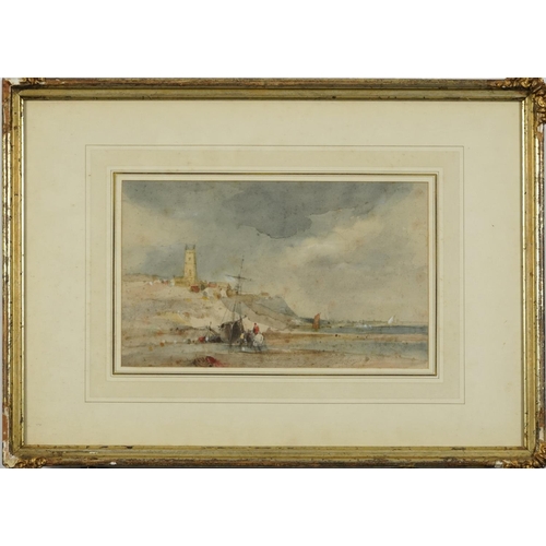 1366 - Coastal scene with figures and moored boat, 19th century watercolour, Cromer and the Parker Gallery,... 