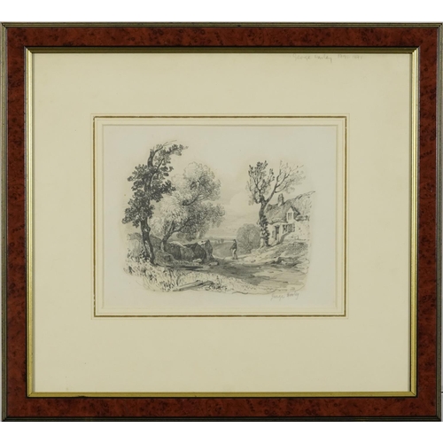 1376 - George Harley - Country landscape with thatched cottage and figure, 19th century pencil, inscribed i... 