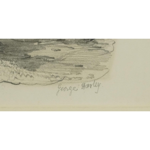 1376 - George Harley - Country landscape with thatched cottage and figure, 19th century pencil, inscribed i... 