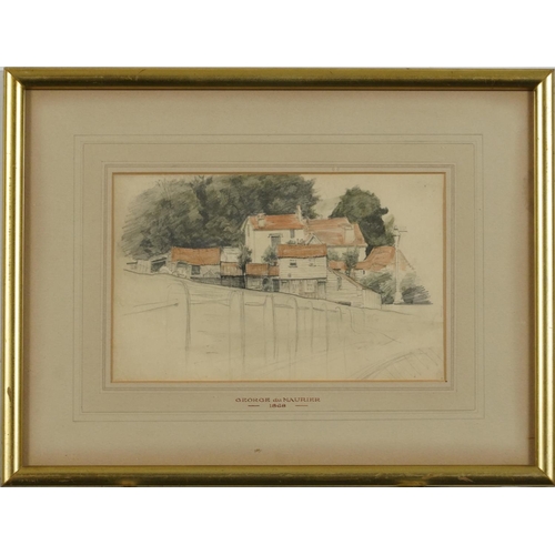 1352 - George Louis Palmella Busson du Maurier - Farm buildings before trees, 19th century pencil and water... 