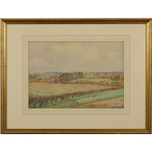 1391 - Albert Edward Victor Lilley - Rural landscape with fields before a village, watercolour, inscribed v... 