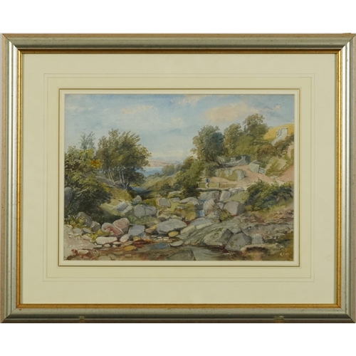 1380 - Figure crossing a bridge before a Highland landscape, 19th century watercolour, mounted, framed and ... 