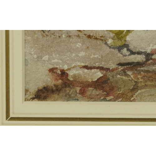 1380 - Figure crossing a bridge before a Highland landscape, 19th century watercolour, mounted, framed and ... 