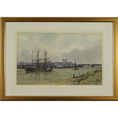 1382 - M Bernard 1900 - Ships on an estuary before a bridge, watercolour, original labels including J R Har... 