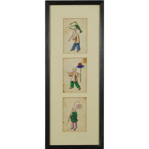 1466 - Children playing, set of six Chinese pith paper paintings, mounted, framed and glazed as two, each p... 