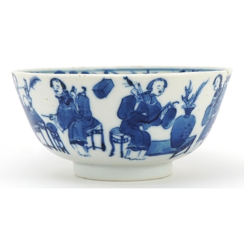 1258 - Chinese blue and white porcelain bowl hand painted with a continuous band of figures playing instrum... 