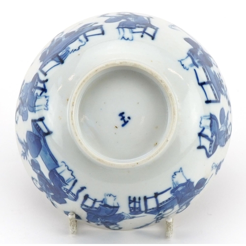 1258 - Chinese blue and white porcelain bowl hand painted with a continuous band of figures playing instrum... 