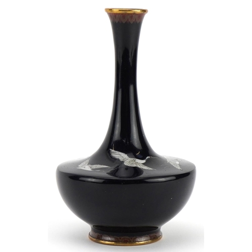 28 - Good Japanese cloisonne vase enamelled with cranes, impressed mark to the base, 13cm high