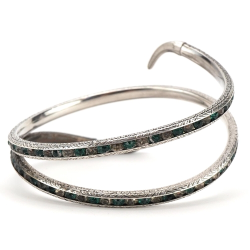 2053 - Antique sterling silver serpent bangle set with red, green and clear stones, 7cm in diameter, 24.1g