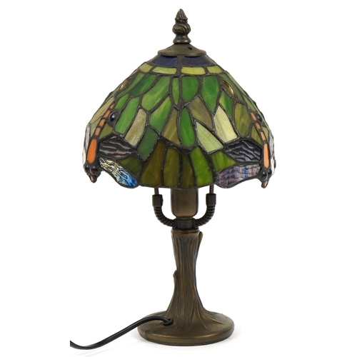 1107 - WITHDRAWN - Bronzed metal Tiffany design table lamp with leaded glass dragonfly shade, 34cm high