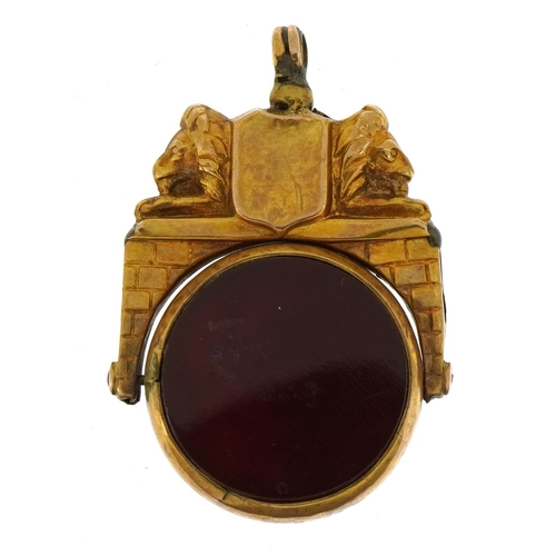 2064 - Victorian 9ct rose gold bloodstone and carnelian spinner shield design seal fob, Chester 1893, 8.3g