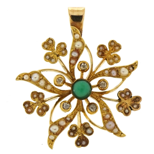 2075 - Edwardian unmarked gold seed pearl, cabochon turquoise and diamond flower head pendant, 3.0cm high, ... 