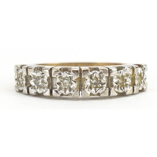 2292 - 9ct two tone gold diamond half eternity ring, size J, 2.6g