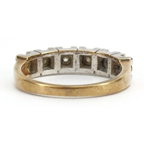 2292 - 9ct two tone gold diamond half eternity ring, size J, 2.6g