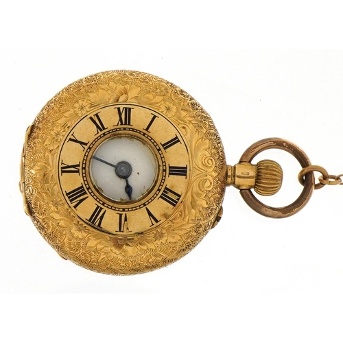 2069 - Ladies 18k gold half hunter pocket watch with engraved decoration, enamel dial and safety chain, the... 