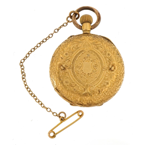 2069 - Ladies 18k gold half hunter pocket watch with engraved decoration, enamel dial and safety chain, the... 