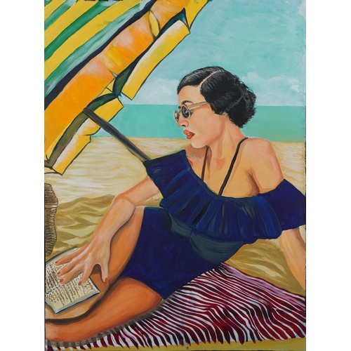 1539 - Clive Fredriksson - Art Deco female sunbathing beneath and umbrella, oil on canvas, unframed, 80cm x... 