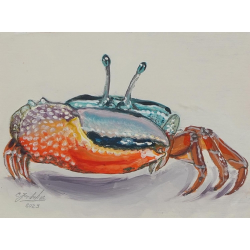 1724 - Clive Fredriksson - Fiddler crab, oil on board, mounted, framed and glazed, 16.5cm x 12.5cm excludin... 