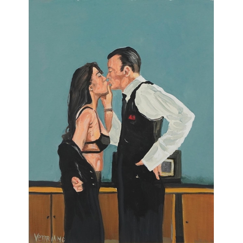 1696 - Clive Fredriksson - Manner of Jack Vettriano, Two lovers, oil, mounted, framed and glazed, 37cm x 29... 