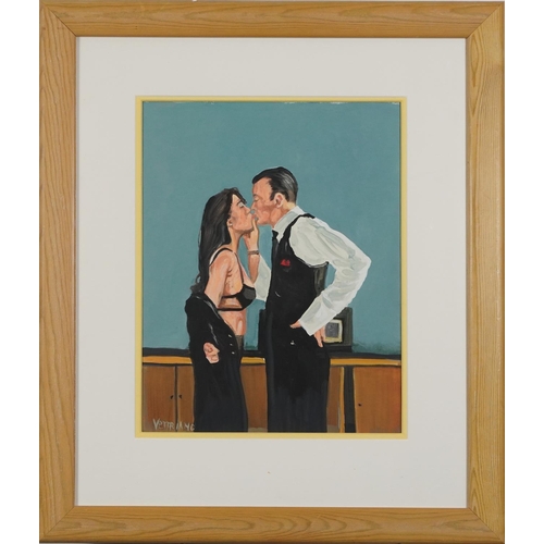 1696 - Clive Fredriksson - Manner of Jack Vettriano, Two lovers, oil, mounted, framed and glazed, 37cm x 29... 