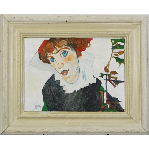 1346 - Clive Fredriksson -  After Egon Schiele, portrait of Wally, oil on board, mounted and framed, 39cm x... 