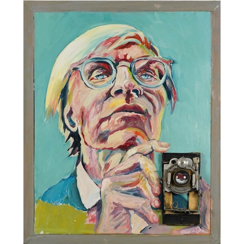 1302 - Clive Fredriksson - After Andy Warhol, self portrait with camera, oil and mixed media on board, fram... 