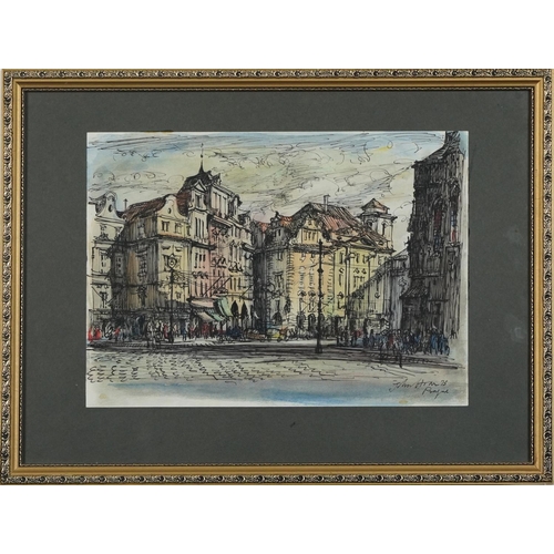 1387 - Prague street scene with figures, 1970s ink and watercolour, indistinctly signed and inscribed, poss... 