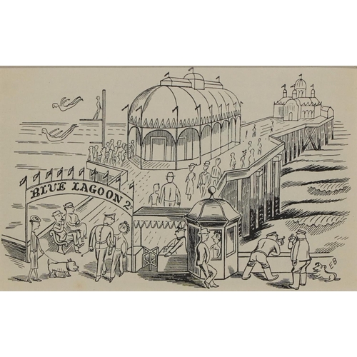 1692 - Edward Bawden - Figures on a pier, mid 20th century print, inscribed verso Line drawing from Alphabe... 