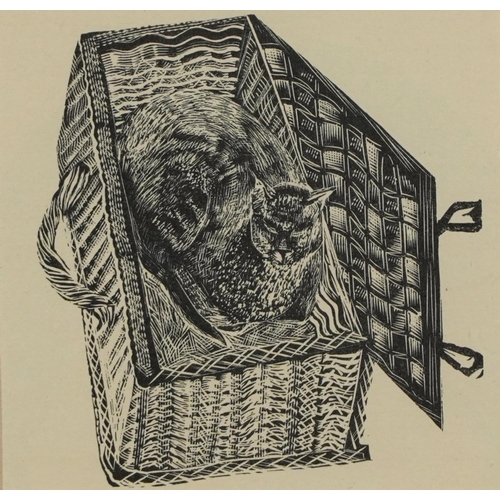 1714 - Enid Marx - Cat in a wicker basket, wood engraving, inscribed verso Design for a Christmas card, sig... 