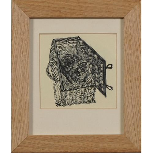 1714 - Enid Marx - Cat in a wicker basket, wood engraving, inscribed verso Design for a Christmas card, sig... 