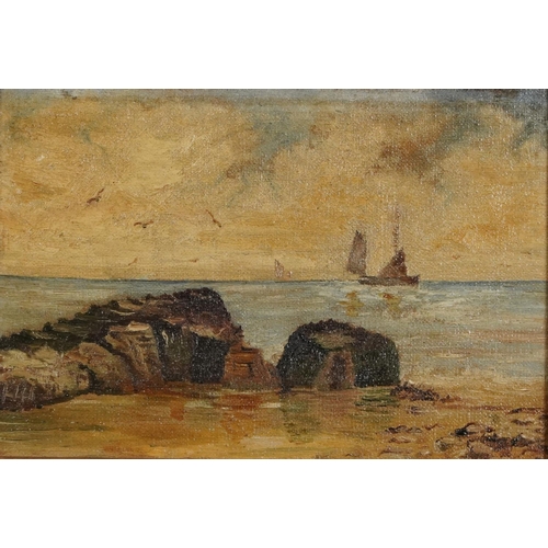 1320 - Coastal landscapes with boats, pair of early 20th century oil on canvasses, each indistinctly stampe... 