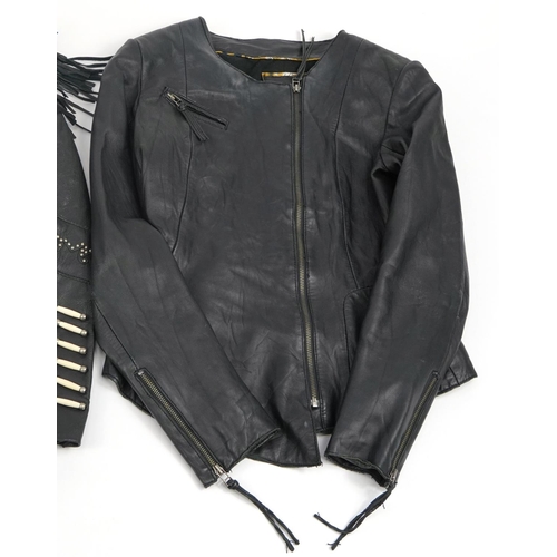 445 - Three ladies black leather jackets comprising Massimo Dutti size small, Kate Moss Top Shop size 12 a... 